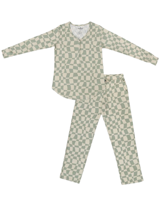 Women's Two Piece Pajama Set with Wavy Checker Patter with a Sage Green and Cream/Beige Color
